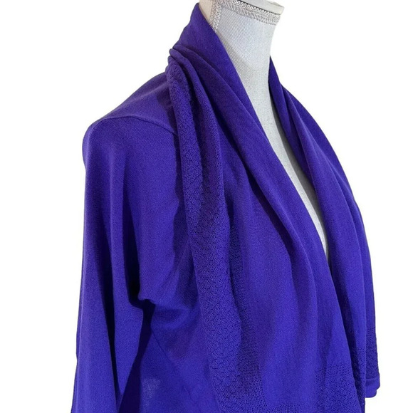 Elle Tahari Merino Wool Purple Open Cardigan Sweater Medium Crochet Trim Draped - Picture 8 of 9